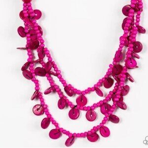 Retro Pink Wooden Disc Beaded Necklace Multi Strand 80s 90s Fashion Jewelry